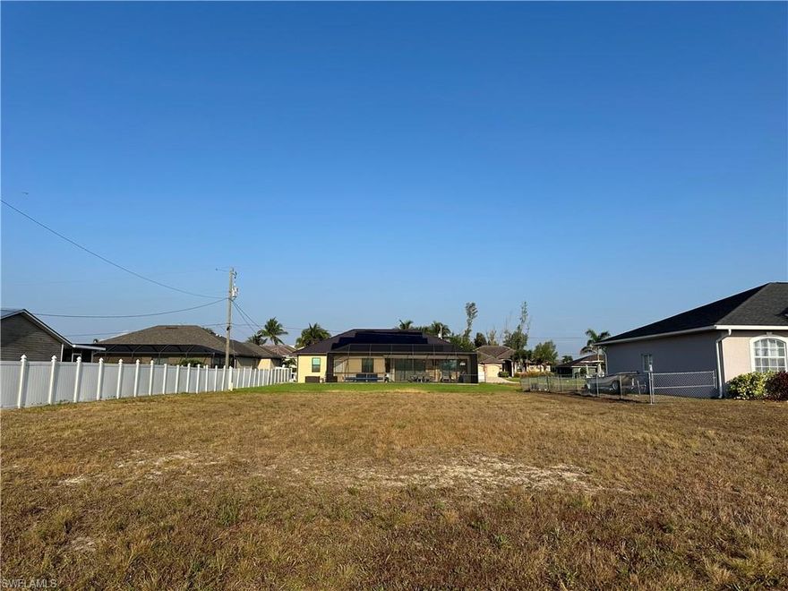Ready to build your dream home in Southwest Florida!  Sunsets galore from this Western facing lot in Cape Coral. Cleared and ready to build. Well established neighborhood, with a short drive to all the hot spots the Cape has to offer, Cape Harbour, Tarpon Point Marina, downtown 47th Terrace and the new Bimini Basin.