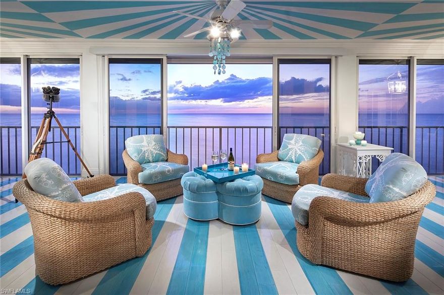 Sweeping Gulf views greet you as you enter this beautifully designed penthouse level, three bedrooms + Den and three and a half bath residence in the Gramercy. Elegant French doors open from both the master and guest bedrooms to fresh Gulf breezes in the full-length, 50 ft. lanai. Sophisticated yet casual finishes throughout meld with the breathtaking views to provide the feel of an oceanside beach house, including custom painted enamel-baked hardwood floors and Carrara marble details throughout. Residents will also enjoy the spacious master suite with woven Sisal carpeting and custom walk-in his and her closets while providing their guests a second en suite master bedroom with walk-in closet and private access to the gracious lanai. Bosch and Jenn-Air appliances integrated to match the custom cabinetry complete the chic kitchen. A full wet bar with wine cooler and refrigerator are ideal for entertaining. Property includes a private pool/beach side cabana with one bath, one garage and one carport parking space. Gramercy is located ideally close to shops and dining both on 5th and 3rd as well as the Venetian Village and Waterside Shops.