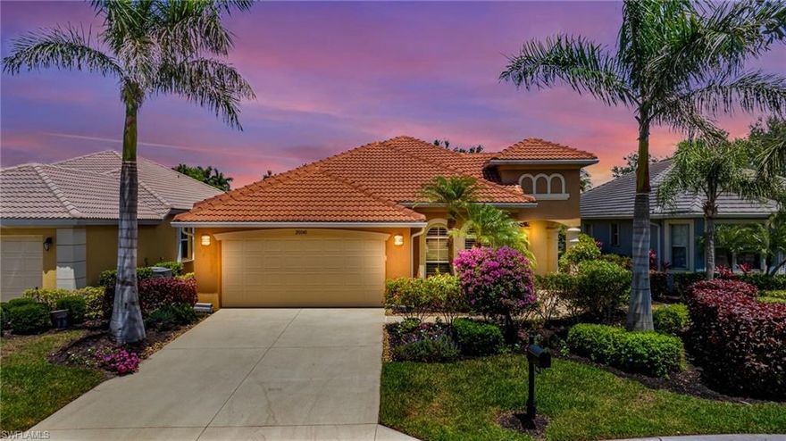 Your sunny Southwest Florida search ends here – this is The One!  Start with excellent curb appeal, as mature trees and manicured landscaping gives a great first impression to prospective residents and guests alike.  Past the garden area, you’ll find the interior to be reminiscent of a model home - from the coastal-themed furnishings to design choices that take full advantage of abundant natural light.

Spanning 2076 square feet under air, this immaculately maintained home consists of two bedrooms, a den, two full baths, and multiple common areas.  Both bedrooms are spacious, with the guest bedroom significantly larger than those found in Estero’s new construction neighborhoods.  The kitchen, modern and stylish, features a natural gas range, stainless steel appliances, and stone counters that accommodate bar seating.

Those familiar with Florida Living will appreciate the tile floors in nearly every room, and the garage floor has an epoxy coating that makes cleanup a breeze.   Two sets of sliders lead from the dining area to the oversized lanai.  The lanai offers the best of both worlds, with a sizable covered section adjoining a much larger area that is complemented by picture window screens offering a panoramic view of the lake & fountain.  While there is room for a pool, you may choose to forego the associated maintenance, insurance, and electrical costs in order to preserve such a wonderful space for entertaining friends & family.  Speaking of lower insurance costs, this home benefits from a newer roof, hurricane shutters, and an elevation that protected it from water intrusion during the recent storms. Flood insurance is not required, as the structure is not in a flood zone.

For those considering a second home in Florida, this is an ideal location - quick access to Southwest Florida International Airport for your family and friends. Rookery Pointe is a gate-secured community conveniently situated near popular upscale & casual attractions.  You’ll be minutes from shopping, dining, and entertainment. Close proximity to the expressway means that trips to Naples and Sarasota are a breeze. When you visit, make sure to tour the resort-style amenities that include an exercise room, community pool, pickleball, and tennis. Association fees are low and include cable & internet, irrigation water, and lawn care.  This is one of the rare Estero developments without an annual CDD assessment on the tax bill.

Make your offer with confidence – an “As-Is” contract is not required.  Furnishings are negotiable.  Although this home must be seen in person to be appreciated, the 3D virtual tour may tide you over for now!