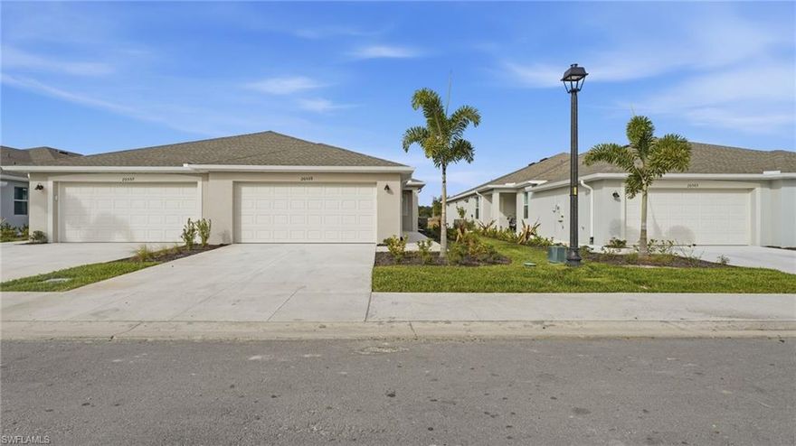 THIS GOLF VILLA IS READY FOR YOU NOW!! This attached single-story home delivers a cohesive design fit for modern living. Socialize on the stylish lanai or hideaway in the den, flexible as a study or media room. A front bedroom and bathroom create privacy for the owner’s suite with walk-in closet, which enjoys a back corner location. Welcome to a golfer’s paradise. This impeccably designed community offers a resort lifestyle where there’s always something happening—set in the beautiful and fast-growing location of Lehigh Acres, FL. Prices, dimensions and features may vary and are subject to change. Photos are for illustrative purposes only.