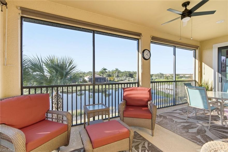 Located directly across from the Casella community pool and mailboxes, this well-maintained three-bedroom plus den, two-bath carriage home in Pelican Preserve is move-in ready and has been lightly used. Offered partially furnished, it has never been rented and has had no pets or smoking. The Monaco floor plan features an open layout with a spacious great room, 11-foot ceilings, crown molding, and tile flooring throughout the main living areas. The kitchen includes quartz countertops, a tile backsplash, an eat-in dining nook, breakfast bar, and a separate dining area, making it functional for both everyday living and entertaining. Impact-resistant windows and doors provide added security, and a private elevator offers convenient access. The primary suite includes an en-suite bath with dual sinks and a large walk-in shower. Two guest bedrooms are located on the opposite side of the home, offering privacy for visitors. A laundry room with additional cabinetry and a utility sink adds extra storage and functionality. Enjoy lake views from the large screened lanai. The home also includes a two-car garage and a private elevator. Pelican Preserve is a premier 55+ community in Southwest Florida, conveniently located near RSW Airport, shopping, dining, hospitals, I-75, and area beaches. Residents enjoy access to Plaza del Sol, featuring a fitness center, indoor and outdoor pools, spa, hobby studios, on-site dining, a movie theater, an amphitheater, as well as tennis, pickleball, walking trails, and optional golf.