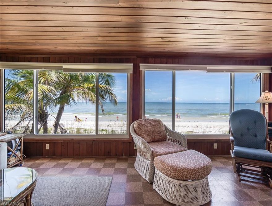 HUGE Gulf front Lot  w Classic Florida Stilt cottage with Majestic Sunset views. IMPORTANT NOTE: THIS IS AN ESTERO BLVD TO THE SAND PARCEL. VERY VERY FEW REMAIN In this price range. This will not last long! Huge Rental Income opportunity. Gorgeous original Florida wood floors walls and ceilings. Panoramic views of the sand, Gulf. HUGE yard allows for many development opportunities. Current rentals in place producing income.