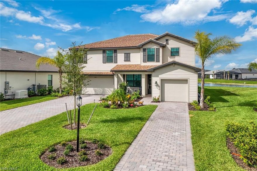 This newly built (2024) Sorrento pool home has it all. With over 3,300sqft and 5 bedrooms+den, 4.5 bathrooms, 3 car garage, EXTENDED covered lanai, screened-in pool with spa overlooking a large lake view, and situated on a friendly cul-de-sac. The Sorrento model offers ample space with multiple living/gathering rooms. NATURAL GAS HOME & HURRICANE IMPACT WINDOWS & DOORS. Verdana Village is a popular gated community in Estero, offering residents unbeatable amenities including a Sports Complex with indoor/outdoor Pickleball, tennis, basketball, fitness center, restaurant, craft beer lounge, cafe, resort-style pool and yoga lawn, playground, dog park, sports fields, and more. This home is truly in pristine condition. Just outside the gates of Verdana Village you'll find a brand new shopping plaza including a grocery store (Publix), a nail salon, UPS, bank, restaurants, and more. See it today!