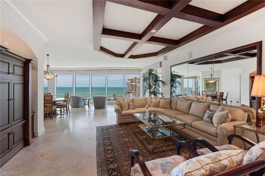 On the beach in the heart of Park Shore, stunning panoramic direct west Gulf and northern Bay views await you in this highly coveted 03 stack on the 12th floor at Provence. Watch colorful sunrises and sunsets, all from the comfort of your own home. Wake up in your master suite to see the beautiful turquoise water and lush landscape, and feel the breeze on your face when you step out onto your open balcony. With over 4,300 square feet, floor-to-ceiling windows, marble tile, crown molding, and gorgeous built-in cabinetry and shelving, you are sure to enjoy all of the extra features this home has to offer. Provence is the epitome of luxury living in Naples, with a spectacular pool and spa overlooking the sandy beach, sauna, outdoor kitchen, community and board rooms, fitness center, and tennis court. Additionally, you will have two under-building parking spaces, 24-hour lobby and security service, and on-site management. Provence is pet-friendly with 2 pets permitted without any size restrictions. Boaters can lease a slip through the Venetian Bay Yacht Club just across the street, and after a day on the water, walk to the renowned dining and shopping at Venetian Village.