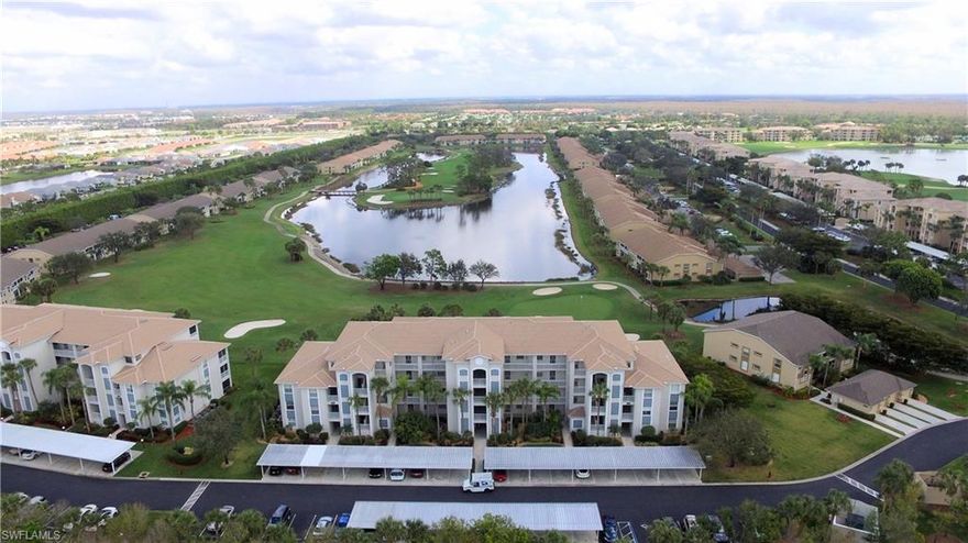 This sought after top floor end unit boasts beautiful natural light and overlooks Royal 16 and with a view of the Signature 15th Island hole. There was no detail spared in this open plan Brookside unit featuring crown molding, 2 bedrooms and 2 full baths.  This is a move in ready condo-the unit was freshly painted in 2021.  A new HVAC in 2021 and a new water heater in 2019. The building has a new tile roof and has been freshly painted in 2022.  The lucky owner of this condo also owns one of the largest storage units complete with built-shelving and electricity.  Enjoy a  panoramic view of the sunrise on your double sided screened lanai!  Presented as turnkey, this condo is ready for you to move in and enjoy the many amenities available to you in Heritage Palms-36 holes bundled golf, 8 lighted clay tennis courts, pickleball courts, fitness center with fully equipped weight room, aerobics studio, 3 restaurants and much more!