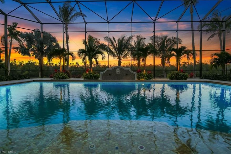 The resort of your dreams is waiting for you in your own spectacular, secluded backyard in the prestigious gated community of The Hermitage. A homeowner’s dream come true, it is nestled between two high-end gated communities: Cape Harbour, and Tarpon Point Marina. This is where you belong as you indulge in your own backyard lanai hideaway. The outdoor living area 90-foot by 63-foot-features an oversized heated swimming pool and spa complete with fountain and sun shelf. The summer kitchen has a granite bar, ice machine, and barbecue grill. With Southwest exposures, the property is perfect for family gatherings come together to enjoy breathtaking awe-inspiring sunsets to make lifetime memories. Built in 2009, the 6,935 sqft home with a huge 18,798 gross sqft features seven possible bedrooms, five full baths and two half-baths. Perfect for boating enthusiasts, the property has the closest boating access to open water in Cape Coral. The  docks has two boat lifts with enough open seawall to fit a 100' yacht. Privacy extends beyond the canal to a mangrove preserve. The brick paver driveway leads to the oversized three-car garage with epoxy floors. The garage bay is 700 square feet with one bay that is 25.5 feet deep. You’ll fall in love as you set eyes on the captivating teak and rosewood front door. Carved in Thailand, it sets the stage as you enter the home, a wood enthusiast’s fantasy. Three master carpenters designed and constructed magnificent wood creations throughout the home, including two floor to ceiling wood paneled studies. Extensive woodwork is everywhere, including the living room’s coffered ceiling; the beechwood flooring downstairs, the downstairs’ office and upstairs study; and the formal dining room’s extensive double-tray ceiling. The chef of the home will delight in the fabulous kitchen. It boasts a standout aquarium window, an island with two sinks, a Wolf six-burner gas range, KitchenAid appliances, and a large walk-in pantry. A second aquarium window adorns the first-floor master suite with his-and-her closets and built-in shelves. The master ensuite bath features a large shower with two shower heads and bench. Relax and soak in the jetted jacuzzi soaking tub. Also downstairs are two large guest suites, each with ensuite bath and separate A/C controls. A laundry room with one washer, two dryers and folding station. Five additional rooms and two bathrooms are upstairs. The study has a large balcony overlooking the pool and preserve. A spiral staircase leads to the third-floor crow’s nest, perfect for getting sun any time of day. This home is meticulously maintained and landscaped. All new and updated amenities include roof, gutters, hurricane shutters, pool equipment, pool safety cover, irrigation and sod, impact-resistant windows/doors, generator and Kevlar hurricane shades.