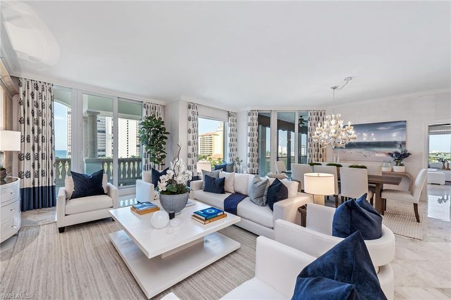 Gorgeous renovated penthouse in Mansion La Palma with expansive views of the Gulf of Mexico. Designer chef’s kitchen featuring Wolf stainless gas cooktop, glass front stainless refrigerator, stainless range hood and dishwasher. This designer appointed 4-bedroom, 4-1/2-bath residence lives like a home with 10-foot ceilings, a spacious grand salon, custom dining and cabinetry built-ins with cerused oak, custom window coverings and treatments, all new hurricane impact sliding glass doors, custom wall finishes, new interior wood plantation shutters and UV protection on all windows. For your outdoor entertaining, you can enjoy either the open or screened terraces and direct access to Bay Colony’s tennis and newly renovated private beach club.