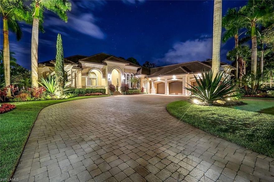 H12506 GOLF MEMBERSHIP AVAILABLE IF CLOSED BY THE END OF 2023!  Double mahogany front entry doors welcome you to this four bedroom plus den, four full and one-half bath updated exquisite estate home in Savona of Mediterra. Elegant architectural and designer details found throughout include volume ceilings with crown moldings, updated kitchen with new granite countertops, a wet bar with custom cabinetry, wine cooler with refrigerator, upgraded appliances, and beautiful marble and tile flooring throughout. Large impact glass sliding doors in the family room completely open to an expansive updated screened lanai outdoor living area, making a seamless transition from indoor to outdoor living. The lanai boasts a new outdoor kitchen, covered seating areas, a beautifully updated sparkling pool with two fire & water bowls and spill over spa.  Enjoy tropical living at its best with gorgeous, updated landscaping that surrounds the pool and entire grounds area.  An outdoor gas fireplace adorned with natural tumbled stone is an exceptional focal point, with outstanding double fairway golf course views as the perfect backdrop.