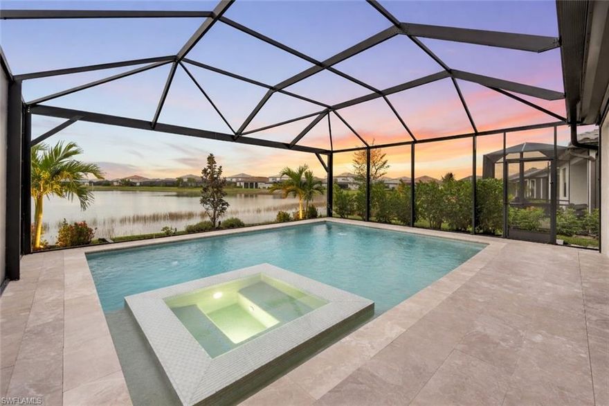 Available as an ANNUAL UNFURNISHED RENTAL in VERDANA VILLAGE! (Also available for Sale!) Enjoy southern lake views, a custom saltwater pool & spa, whole-home natural gas Generac generator, hurricane-impact windows and doors, and electric Storm Smart hurricane shades — this beautifully upgraded residence offers worry-free, resort-style living in one of Southwest Florida’s most sought-after communities.

This Pulte-built Contour floor plan in Verdana Village features 2 bedrooms + den, 2 full bathrooms, and 1,405 square feet of thoughtfully designed living space, combining modern luxury with low-maintenance convenience.

Inside, you’ll find tile flooring throughout the main living areas and den, recessed lighting with dimmers, premium 5-inch baseboards, plantation shutters, and custom valances throughout. The kitchen is well-appointed with Whirlpool stainless-steel appliances, a brand-new KitchenAid dishwasher, externally vented range hood, tile backsplash, soft-close cabinetry with pull-out shelving, custom pantry shelving, natural gas appliances, water softener, and reverse osmosis system.

The primary suite offers a tray ceiling, plush carpet, peaceful lanai and lake views, and a spa-like en-suite bathroom with a framed glass shower with bench, tile to the ceiling, rain shower head, dual vanities, and a custom walk-in closet. The guest bedroom and bathroom provide privacy and comfort with a framed glass shower, tile to the ceiling, and comfort-height vanity. A dedicated laundry room and two-car attached garage add everyday convenience.

Step outside to your private retreat on the panoramic frameless screen-enclosed lanai, featuring a custom saltwater pool and spa with leathered marble pavers, premium Diamond Bright quartz-mixed plaster, oversized sun shelf, two bubblers, hidden drains and skimmer, and a gas heater. The fully equipped outdoor kitchen includes granite countertops and backsplash, grill with rotisserie and griddle, vented hood, beverage cooler, and ample dining and lounge space — perfect for relaxing or entertaining year-round.

Located in Verdana Village, residents enjoy access to indoor and outdoor pickleball, tennis, basketball, three resort-style pools, dog park, state-of-the-art fitness center, yoga studio, and multiple on-site dining options. Just steps away are The Shoppes at Verdana Village, offering Publix, restaurants, salons, and everyday conveniences.

Ideally situated 15 minutes to Southwest Florida International Airport, 10 minutes to Miromar Outlets and Gulf Coast Town Center, 5 minutes to Old Corkscrew Golf Course, and approximately 45 minutes to Bonita Beach and Fort Myers Beach.

This is a rare opportunity to enjoy a luxury, low-maintenance, resort-style lifestyle in a nearly new home — move in and start enjoying the best of Southwest Florida living.