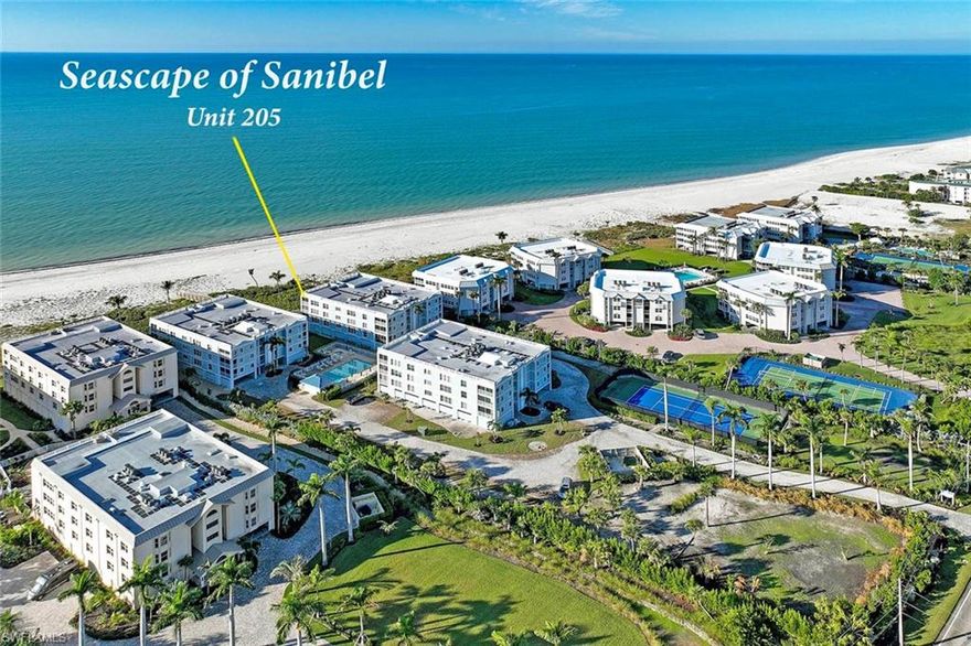 Experience luxury coastal living in this beautifully furnished 3BR/3BA, top floor penthouse condo in the coveted Seascape community on West Gulf Drive, Sanibel Island. Enjoy panoramic Gulf of Mexico views with swaying palms, sparkling blue waters, and breathtaking sunsets from nearly every room.
This light-filled residence offers high ceilings, a split floor plan, and the convenience of an elevator right outside the front door. A rare rooftop sundeck provides unmatched vistas, perfect for relaxing or entertaining.
Inside, you’ll find light coastal décor, wood-look tile flooring, and white coastal cabinetry. The large eat-in kitchen opens nicely to the living space. The spacious primary suite includes a luxurious walk-in shower and soaking tub, while both guest bedrooms feature private baths and lanai.  A separate den offers flexible space for an office or media room.
The expansive lanai, accessible from the living area and primary bedroom, showcases postcard-perfect views day and night. Additional upgrades include impact glass, plantation shutters, and coastal furnishings.
Offered fully furnished and move-in ready, this exceptional Seascape residence combines privacy, comfort, and stunning Gulf-front living—an ideal retreat in one of Sanibel’s most desirable communities.