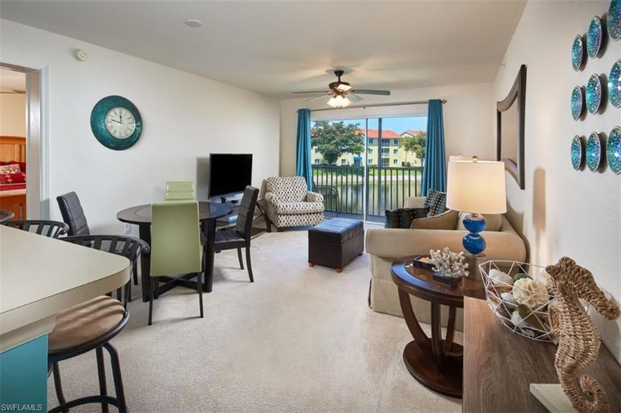 Light, bright and furnished this second floor 2 bedroom, 2 bath condo is ready to move in! Decorated with neutral furnishings and splashes of coastal charm this condo is perfect for year round residency or seasonal living! This end unit condo also features one of the limited screened lanais to enjoy the beautiful Florida weather and sunsets.  Both closets are large walk-ins and with a laundry room in residence for your added convenience. Key Royal Condominiums is a gated community and offers a heated community pool and spa, exercise room, billiards and more.  Located in one of the top rated school districts and close proximity to restaurants and new growth and development, there is so much to do in North Naples!