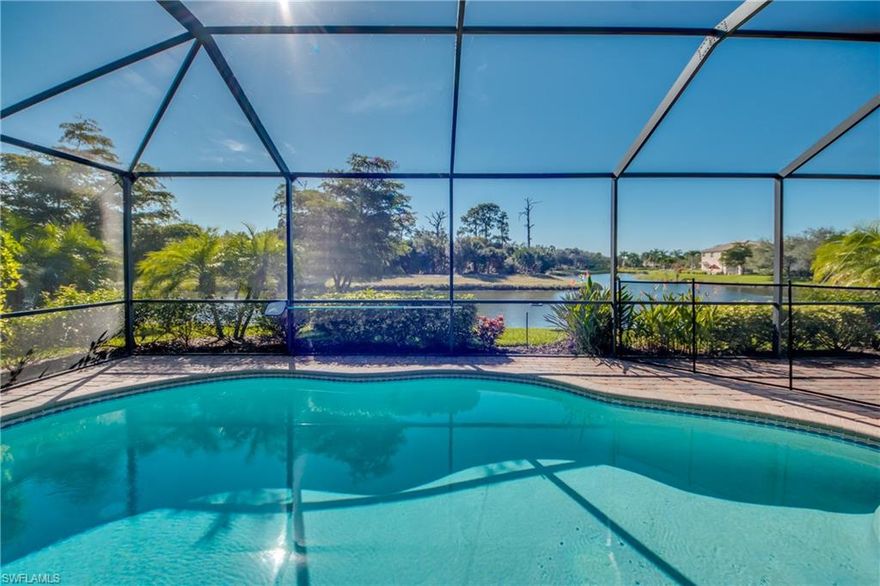 BEAUTIFUL POOL HOME! TONS OF UPGRADES! RELAXING LAKE VIEWS! Desirable Moody River Estates. This  3+/3/3 single family home boasts cherry cabinetry throughout, tile floors in the living areas with carpet in the bedrooms, a huge garage with extra storage, an office with built in shelves and a hidden Murphy Bed, Plantation shutters on all of the windows and power shades on the sliders and kitchen window. Relax on the large lanai, in the heated pool or the hot tub overlooking a serene lake with wildlife visitors. Moody River Estates proximity to Marinatown, downtown Ft Myers, Cape Coral, beaches and airports is unbeatable. Resort style amenities include heated pool and spa, 24 hour fitness center, clubhouse, lighted tennis and basketball courts, community boat launch to the river, state of the art playground, and much more. Lawn care is included, along with cable and high speed internet, irrigation water and exterior pest control.