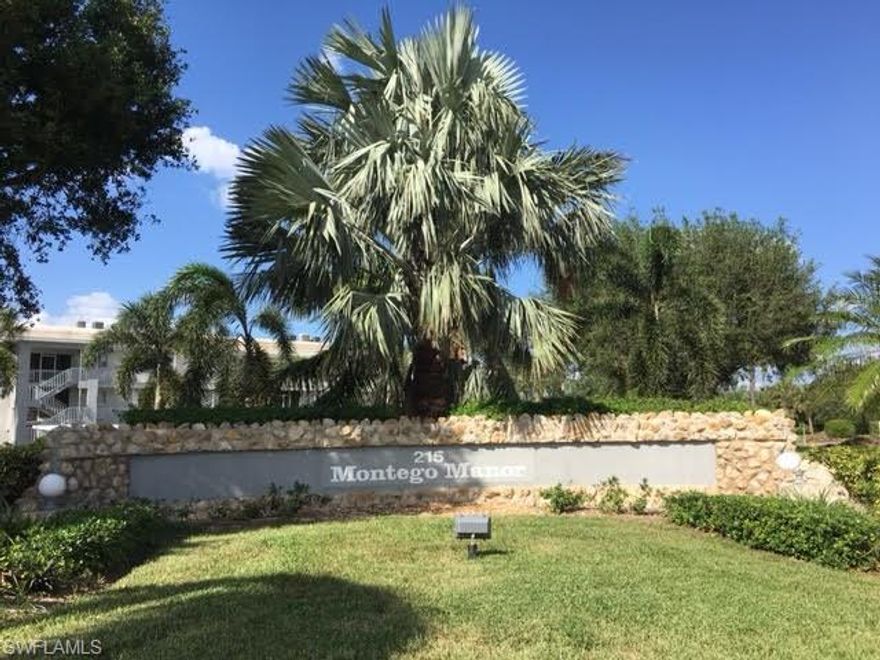 Paradise at Palm River and Minutes to the Beach!  This meticulous 2 Bedroom, 2 Bath, First floor end unit is Turnkey and ready to move in. Sliding glass doors in the extended living room, Huge Kitchen, and Diagonal Tile Floors, New Roof 2 yrs old, Building painted 3 yrs ago, A/C 2017, showcase the beautifully landscaped views opening up the home and inviting the comfort to enjoy a perfect setting for relaxing and entertaining.  The community pool is only steps away from your patio and barbecue facilities are in your backyard! There are private memberships available to LaPlaya Golf & Country Club, 18 hole course, with dining facilities, which sits adjacent to Montego Manor if desired. Enjoy the peace and quiet of this lovely location.