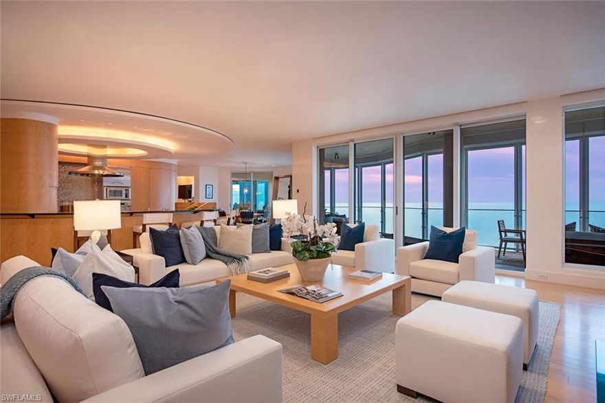 Dramatic, 360-degree views from gulf-to-bay are unmatched in this 12,000 sqft penthouse. Located in the luxurious Regent, residents will enter in with direct elevator access to the unit and be immersed in gulf views, perfectly framed by floor-to-ceiling window walls and modern, curved backlit ceiling details. Tamo Japanese Ash wood accents warm the tone and blend perfectly with the marble and bamboo floors. Detailed by renowned designer Naomi Leff, the impressive kitchen opens directly to the family room with balcony and is separated only by a modern wood design element from the media room and guest bedroom hallway, ideal for entertaining a few or a full house of guests. With five bedrooms, five-and-two-half baths, a serene master suite offering southern vistas and a private air conditioned 3-car garage, this piece of paradise is truly one of kind. Regent residents will also appreciate only the best in amenities with a recently remodeled resort-like pool area, gated entry with security, expansive card and board room and so much more.