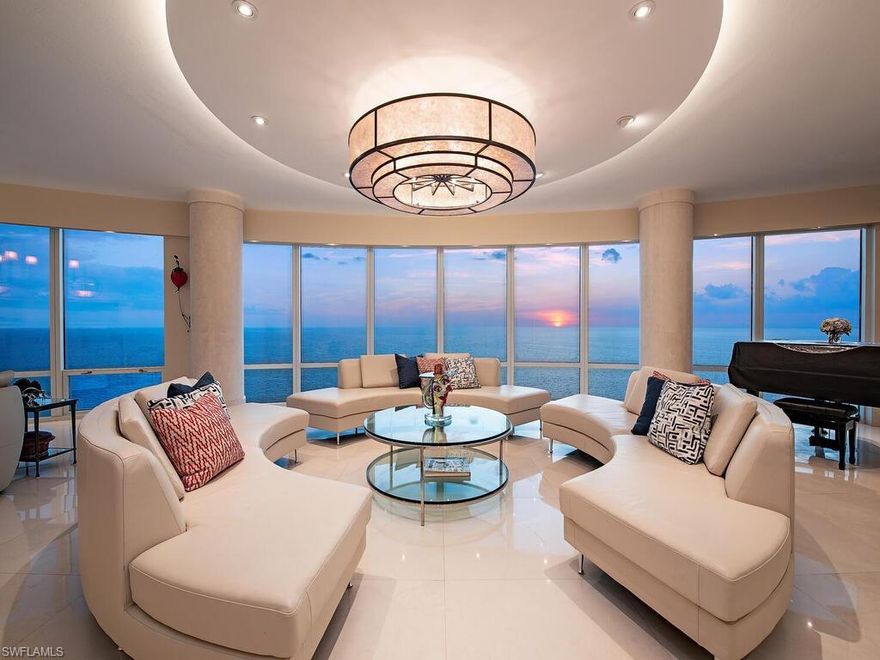 Multiple exposures from floor-to-ceiling glass offer an abundance of West, North, and South-facing views over the Gulf of Mexico, Venetian Bay, and beyond.