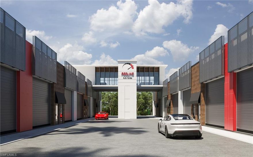Redline Auto Suites is a distinguished automobile storage facility designed to give piece of mind while storing your cars in a safe environment for owners who have a passion for the car-culture lifestyle. This unique opportunity presents the largest car condo and the only true double unit in the complex. This double bay car condo features epoxy garage coating, custom cabinetry, interior painted in 2026, interior hose bib and electric hot water heater, fire suppressant system, 2-HVAC systems, interior half bath, painted ceiling and a closet with fire rated door. The facility contains 18 private auto suites of various sizes with an additional optional loft space within the unit. The suites are equipped with insulated and wind rated garage doors and laminated glass windows which are both Florida Building Code compliant for hurricane wind pressures and large-missile impact for wind-borne debris. The buildings are constructed with concrete block exterior and interior walls with a steel Purlin roof system. Redline offers an exclusive Club Room amenity which spans the entire auto court below inspired by a motor speedway grandstand club suite.