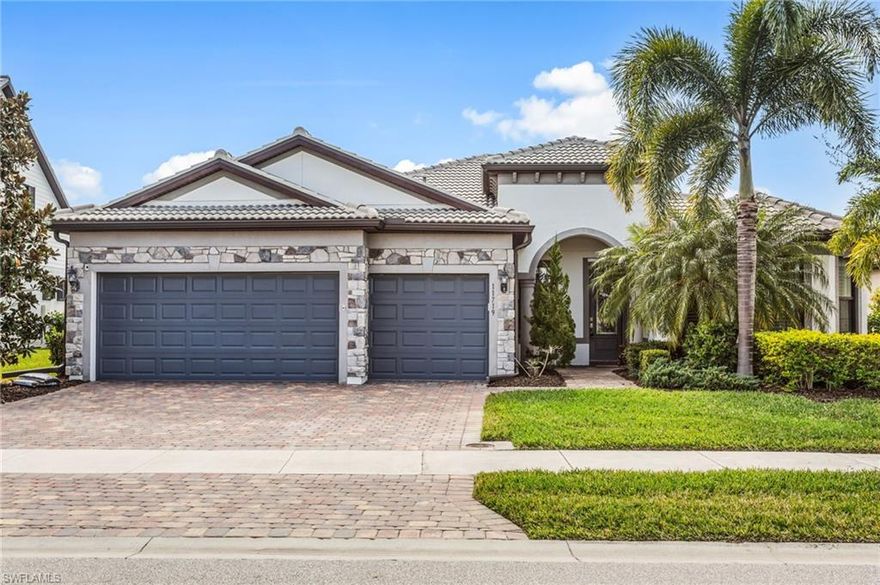 Gorgeous 2018 lakefront estate home in the gated community of Bridgetown offering resort-style amenities and an exceptional location. This 3 bedroom + den, 3 bath residence features a 3-car garage and a whole-home generator for added comfort and peace of mind. Designed with an open floor plan and volume ceilings, the home feels light and spacious throughout. The beautiful kitchen showcases a large center island, stainless steel appliances, wine refrigerator, and ample cabinetry—perfect for entertaining. Sliding glass doors lead to a private outdoor retreat with an inground pool and spa overlooking tranquil lake views and protected/shaded by electric storm screens. The expansive primary suite offers a huge walk-in closet, dual vanities, and a large walk-in shower. Two additional guest bedrooms, one with a bay window and private ensuite bath provides ideal accommodations for family or visitors. Additional highlights include a versatile den with French doors and a large indoor laundry room. Bridgetown residents enjoy resort-style amenities including a clubhouse, pool, fitness center, tennis, pickleball and more. Conveniently located just minutes from shopping, dining, the airport, major highways, and Southwest Florida’s beautiful white sandy beaches.
