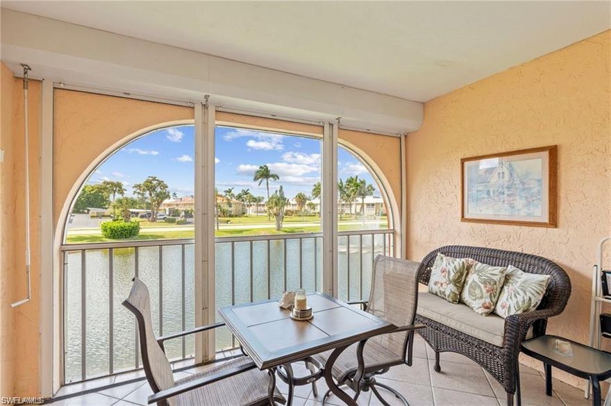LAKE VIEWS and Florida living in this turnkey 2-bedroom, 2-bath second-floor condo located in the desirable Fountains I. This is a 55+ community. Offers natural light and features 1,062 square feet with a NEW HVAC unit, ROOF 2018, washer and dryer just 3 years old, tankless water heater, NO assessments here! This unit is comfortable spacious with an open layout, neutral finishes, and new plank flooring throughout. The kitchen boast wood cabinetry, a tray ceiling with crown molding, a cozy breakfast nook, and a pass-through to the dining area—perfect for entertaining. A full-size washer and dryer add convenience to everyday living. Offering a split floor plan. Wake up to lake views in the primary bedroom with a walk-in closet, and a private en-suite bath. The guest bedroom offers plenty of room for visiting family and friends. Enjoy the breeze on the screened lanai, overlooking panoramic water views. Just step from your door and you are at the heated tropical pool, where you can relax and unwind. This unit also includes a covered carport and ample guest parking for ease and accessibility. For peace of mind while you’re away, the unit is equipped with impact-resistant windows and storm shutters. Located in the heart of Naples, Fountains I is a quiet, well-maintained, community affordable association fees. Just minutes from Naples’ white-sand beaches, 5th Avenue South’s shopping and dining, and around 30 minutes from Fort Myers Airport. Three rentals per year with a 30-day minimum. Don’t miss the chance to own this beautifully maintained, move-in-ready condo!