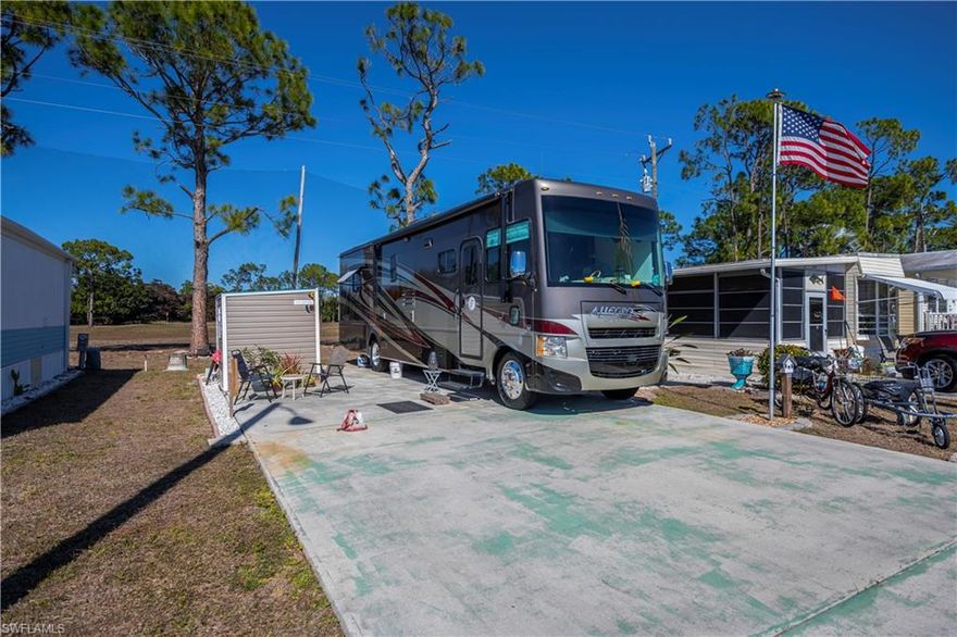 Build or park with confidence on this well-located deeded RV lot in Fountain View RV Resort, a well-established and professionally managed 55+ community.  Lot #243 offers approximate dimensions of 36’ x 62’ x 35’ x 62’ and features a north-rear facing back-in concrete pad, ideally positioned near the clubhouse while backing to wooded privacy and the community golf driving range.  The lot is fully improved with cable, water, sewer, and 50-amp electric service, and can comfortably accommodate up to a 38’ RV, including Class A, Class C, Super C, fifth wheels, or a permanent manufactured home (subject to community and local guidelines).  A key value-add is the new 48 sq. ft. permitted, hurricane-rated strapped shed, complete with a new washer and dryer and additional storage space—an uncommon and highly desirable improvement.  Residents enjoy an active lifestyle with amenities including a clubhouse, community pool, spa/hot tub, bocce, shuffleboard, tennis, volleyball, basketball, and more. Optional RV and boat storage is available. Low HOA fee of $230/month includes lawn and land maintenance, on-site management, and use of recreational facilities. Conveniently located just minutes from downtown Fort Myers, shopping, dining, medical facilities, golf courses, and Southwest Florida beaches.  An excellent opportunity to secure deeded land ownership and enjoy the Florida lifestyle.