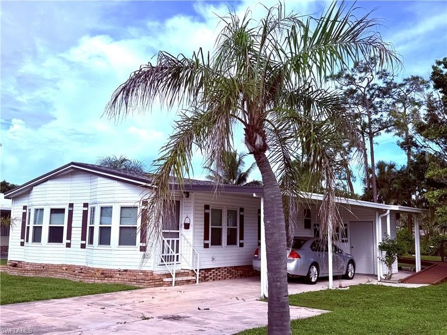 Over 1500 sf  furnished manufactured home located in a Fabulous 55+ community in the heart of Southwest Florida! Property offers vaulted ceilings, 2 beds & 2 baths, main bedroom has den attached, living room, full sized kitchen with plentiful countertops and cabinetry,  dining area, dining room, & Florida Room.  Laundry inside the home off the kitchen.  Large storage room included with covered parking. Newer HVAC (2024) unit with transferable warranty.  Replaced skylights (2024).  Most windows and doors replaced (2015). Sellers have a transferable home maintenance program.  Cash purchase includes a Co-Op ownership share in Bonita St. James Village. Monthly HOA of just $95! Where else is paradise so affordable?! HOA fee covers a community pool, spa, community center, trash, lawn maintenance (inc mowing, edging, (2) tree maintenance) roads, fenced storage area and other common expenses. Minutes to dining, post office (.9 miles), library (1.8 miles), Bonita Beach (6.5 miles) and shopping. Come and experience the climate, history, culture and nature of paradise! Restrictions require one resident must be age 55 or above, the other may be age 45 or above. 118 homesites, approximately 1/3 occupied fulltime. Leasing w/restrictions. Pets w/restrictions. On-site management.