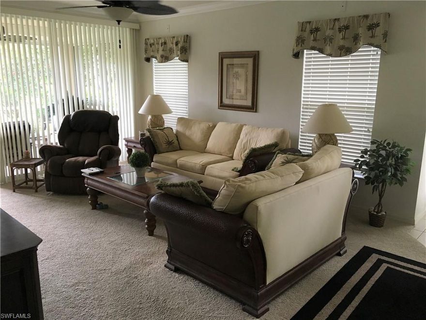 FIRST FLOOR -- END/CORNER – TURNKEY- VERY POPULAR COACH HOME. This beautiful UPGRADED well maintained 3 Bedrooms or 2 Bedrooms + Den, 2 Baths Condo features open concept living with large Kitchen, Dining Area, Formal Dining Area, Living Room and 1 Car Garage. The numerous upgrades include, Granite Kitchen Countertops, Newer Appliances, Newer Carpeting Throughout, Crown Moldings, Electric Roll Down Hurricane Shutter on Tiled Lanai, Custom Fans Throughout, High Bathroom Vanities, Newer AC and HWT, Beveled Custom Mirrors, High-end Furnishings included New Lanai Furniture. Estimated Upgrades and Turnkey Furnishings costs over $40,000. Lighthouse Bay offers something for everyone - 5 Pools including Lap Pool, Tennis with Pro and Program, Bocce with Program, Clubhouse with Vibrant Activities Director, Library, Arts and Learning Center, Exercise Center, Boats, Gardens, 2.5 Mile Walk/Jog Path, 42 Acres of Lakes with Lighthouse/Boat Houses plus The Brooks Bronze Membership is included for private and exquisite The Rookery Restaurant, Clubs and Events. Lighthouse Bay is located very close to Coconut Point Mall, Beaches, FGCU, and only 20 minutes for SWFL International Airport.