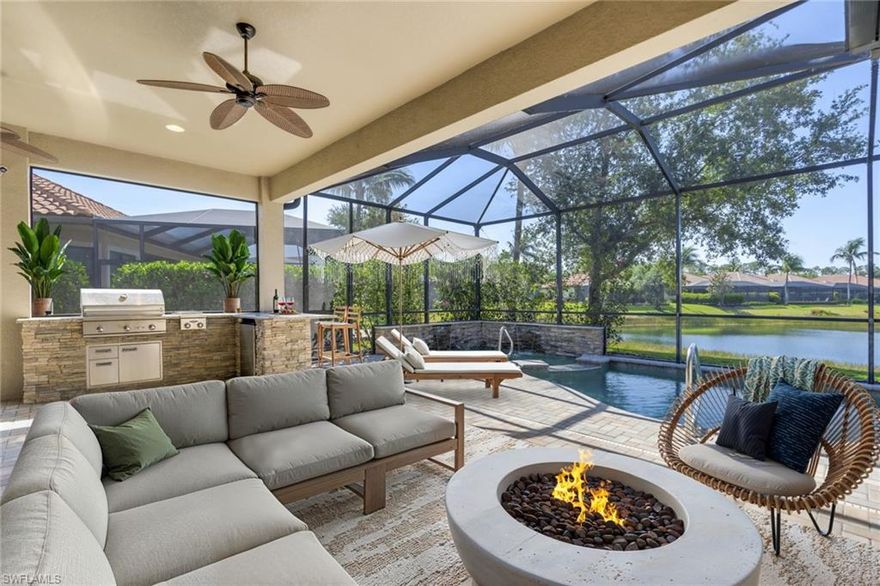 NEWLY RENOVATED!!! NEW Plank Tile flooring and LED recessed lighting throughout! Brand NEW Quartz countertops and tile backsplash in the Kitchen! Located in Bonita Isles—a gated, resort-style community in the heart of Bonita Springs, just minutes from downtown dining, shopping, and the white sands of Bonita Beach. This beautifully upgraded Salerno floor plan offers 2,080 square feet of thoughtfully designed living space on one of the most private, oversized lots in the neighborhood. This home features 2 spacious bedrooms, each with its own en-suite bathroom, a powder room for guests, and a flexible den with glass French doors—perfect for a home office or media space. The luxurious primary suite includes dual walk-in closets, a split dual vanity, a soaking tub, and a frameless glass walk-in shower, creating a spa-like retreat. The foyer features 12-foot volume ceilings with tray details and two beautiful chandeliers. You will also enjoy crown molding and plantation shutters throughout, brand new tile plank flooring throughout. The kitchen boasts premium soft-close cabinetry, new quartz countertops, and stainless steel appliances, all tied together with designer lighting for a warm and welcoming ambiance. Outside, your private custom pool and spa overlook the lake, offering breathtaking views and a tranquil setting. The custom outdoor kitchen and extended lanai make this space perfect for entertaining, with added privacy and room to breathe thanks to the oversized lot and extra space between neighbors. Additional features include a whole-home security system and impact-resistant windows, plus access to exceptional amenities like a resort-style pool, clubhouse, fitness center, pickleball and tennis courts, bike and jog paths, play area, and more. Enjoy the best of Southwest Florida living in this move-in ready home that blends comfort, elegance, and low-maintenance luxury. Schedule your private showing today