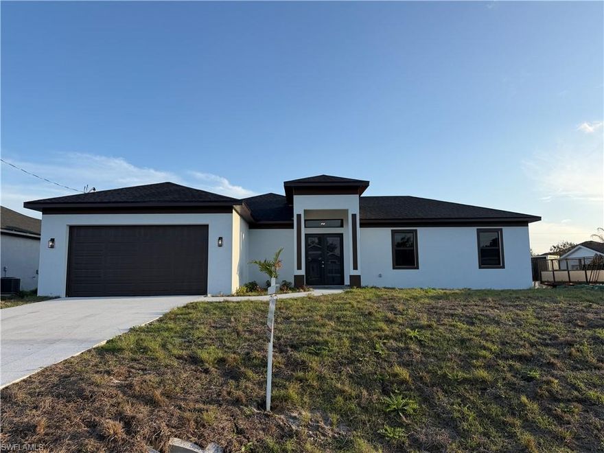 Amazing location!!! Brand NEW CONSTRUCTION. This 4 bedrooms, full bathrooms and 2 car garage, 1701sq Ft living area. Spacious floor plan with tray ceiling, 10' inch ceiling. Tile floors throughout. Counter tops in kitchen and baths, impact windows and doors, double door entry, kitchen is open with plenty of wood cabinets + snack bar which open to the living ( stainless steel appliance package), electronic car garage opener,. Master suite features walk-in closet. Master bath has his/hers sinks with separate walking shower, laundry room, large lanai, near main roads Lee Blvd, Sunshine Blvd, SR 82, Daniels Pkwy, I-75. Southwest Florida International Airport, Gas Stations. 1 YEAR WARRANTY