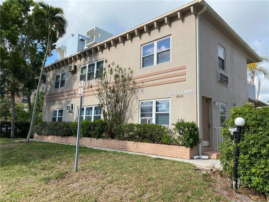 Built in the 1960s Kings Crown is located approx. 1 block from La Playa Beach and Golf Resort and less than 1 mile to Turtle Club.  Located across the street from the white sandy beaches of the Gulf of Mexico. This low-rise condominium is within Vanderbilt Beach with its own community pool. Owners have beach access.  Sellers are installing a new wall unit A/C.