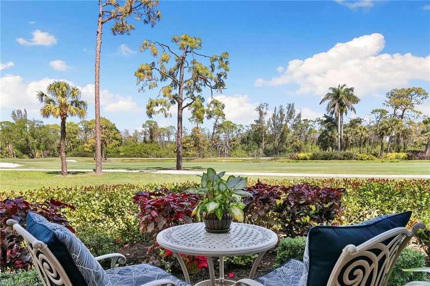 Enjoy immediate full golf membership at Bear's Paw Country Club. Rare opportunity to own this fabulous first-floor end-unit with stunning views of the golf course. Spacious floor plan with three bedrooms, two baths, a glass-enclosed lanai plus one of the largest patios in the community! Laundry in residence. One assigned carport and a golf cart garage with golf cart included with purchase. Home of the first 18-hole Jack Nicklaus Signature Golf Course in Southwest Florida. Amenities include a gated entrance, newly renovated clubhouse and a golf course with serene water views, freshwater lakes and beautiful nature, practice range, putting and chipping facilities. Dining with private dining rooms, outdoor bar and dining terrace, community pool and spa, two Har-Tru tennis courts, four pickleball courts, two bocce courts, state-of-the-art fitness center with group classes, dog park and waterfront access on the Gordon River for kayaking and boating. The club's social events calendar features a full array of dining and social events.