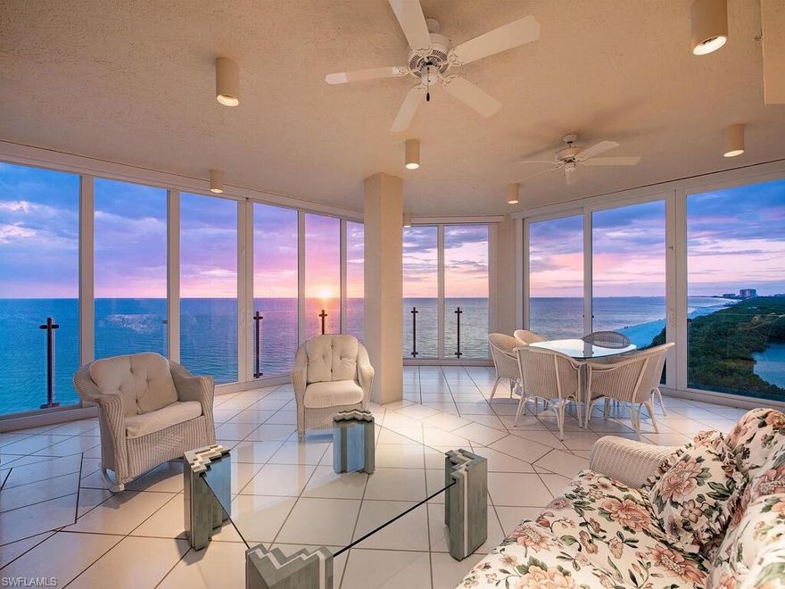 A unique opportunity to reside in the prestigious and rarely available Seapoint at Naples Cay. With arguably the best unobstructed breathtaking panoramic views of the Gulf of Mexico and Clam Bay, this sixth-floor oasis offers complete privacy at the perfect elevation. Never miss a sunset from this 4-bedroom, 4-bathroom, exclusive unit, offering vast dramatic views and includes a two-car garage. Seapoint is an intimate building with only 28 residences, a true luxurious lifestyle boasting amenities that include an elegant community room, infinity edge pool, cutting edge fitness room, two well-appointed guest suites, and concierge management. This direct Gulf front enclave is only steps away from the beautiful white sandy beach and a private kayak launch into the Bay. Naples Cay is conveniently located between Park Shore and Pelican Bay, within walking distance to Waterside Shops offering fine dining and shopping, and centrally located within Naples, with only a short drive to renowned 5th Avenue South & Mercato.
