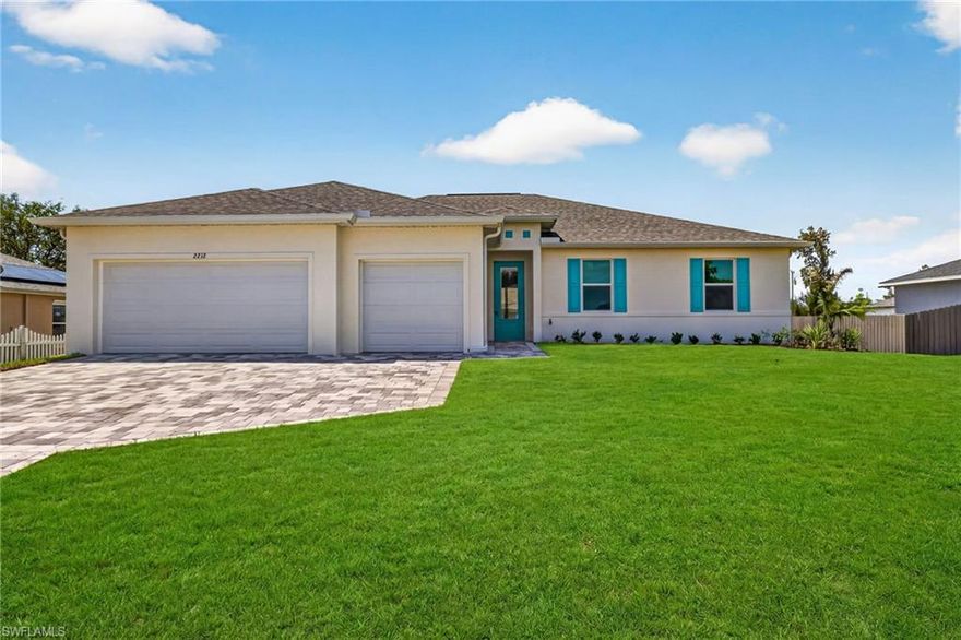 New Construction Cape Coral | Dual Primary Suites | 3 Bathroom | 3-Car Garage | Move-In Ready. Introducing The Bluewater Cove, an expansive single-story new construction home in Cape Coral offering 4 bedrooms, 3 bathrooms, and a rare dual primary suite layout ideal for multi-generational living, guests, or a private office retreat. The bright open-concept floor plan features soaring tray ceilings, a spacious great room, and seamless indoor-outdoor living. The chef-inspired kitchen includes quartz countertops, soft-close all-wood cabinetry, stainless steel appliances, a large island with breakfast bar, and an oversized walk-in pantry. The main primary suite offers direct lanai access, dual vanities, a large glass-enclosed shower, and a walk-in closet. The second primary suite includes its own private bath and walk-in closet, providing flexibility and privacy. Two additional bedrooms share a third full bathroom in a split-bedroom floor plan. Enjoy outdoor living on the 1,000 sq ft under-truss screened lanai with plenty of room to add a custom pool and outdoor oasis. Additional features include impact windows and doors, an elevated lot outside the flood zone, and a spacious 3-car garage. Conveniently located near shopping, dining, entertainment, and with easy access to Fort Myers and Southwest Florida beaches. Built by Sunlife Homes and backed by a 1-year workmanship and 10-year structural warranty, with energy-efficient systems and smart home readiness. One or more pictures may be virtually staged. This is the Bluewater Cove Plan.