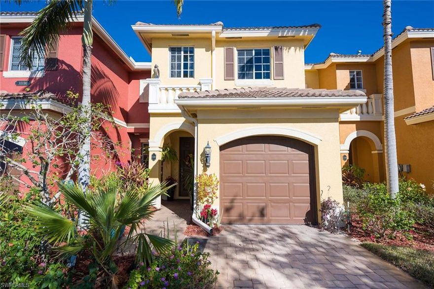 Gorgeous Townhouse with Low Fees!  This Copper Oaks Townhouse offers 1760 sq/ft with 3 bedrooms and 2.5 baths, custom arch added in living room and a quiet and serene view of the lake and fountain to enjoy at the end of your day.  At nearly 1800 sf/ft,  this classic townhouse layout is spacious and, in fact, is larger than some single family homes in the community.  Original owner occupied, custom kitchen lighting, impeccably clean and well maintained, the owner chose to remove a divider wall to open up the  living/dining rooms and added an architectural ceiling arch for visual interest.  This home feels new and fresh with newly cleaned tile and professionally cleaned carpets upstairs.  Move in today!   Community features two pools...one is steps from this home.  Shop at Miromar just down the road or pop over to Coconut Point mall for exceptional shopping and dining. Owner also added custom exterior rain gutters.  The airport is 10 minutes away via I-75.  And FGCU and Germain arena are each within 15 minutes.