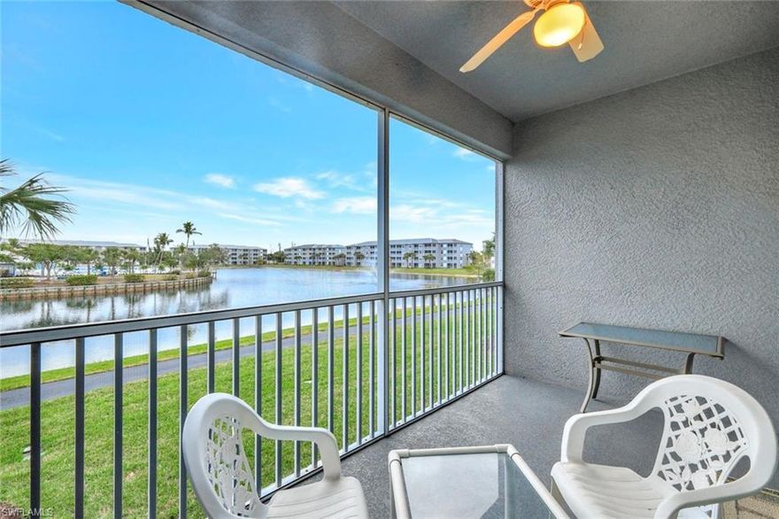Enjoy SERENE, PANORAMIC VIEWS of the LARGE LAKE with LIGHTED WATER DISPLAYS from this 2nd Floor Ashbury model in Heritage Pointe, a lovely, gated community located in South Ft Myers, close to Sanibel & Captiva Islands and Fort Myers Beach. This split-bedroom condo, offered turnkey, consists of 2 bedrooms/2 bathrooms, large living and dining area, kitchen with breakfast area & pantry, plus a private screened lanai. The living areas, kitchen, and hallways feature crown molding and chair rails. The condo has 5 ceiling fans, a new hot water heater (2024), a newer HVAC system, and stainless-steel refrigerator. A deeded extra storage unit, conveniently located near the elevator, as well as covered parking are also included. Heritage Pointe’s comparatively low maintenance fee includes fiber optic-based high-definition TV & Internet service as well as water/sewer. Heritage Pointe is a financially sound, pet-friendly community located close to the beaches, near Wakahatchee Park & Recreation center with tennis & pickleball courts, Health Park Hospital & Medical complex, pharmacies & grocery stores, shopping, restaurants, and a variety of entertainment venues. Community amenities include a recently renovated clubhouse, resort-style heated pool & spa, fitness room, extensive library, paved walking path, plus a community gathering area featuring gas grills, and all-purpose area for bocce ball, cornhole, and putting practice. The community offers an extensive social calendar of activities & events. Don’t miss the opportunity to make this condo your second home, full-time residence or vacation rental property!