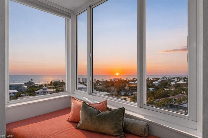 SOME CONDOS HAVE A WATER VIEW … OCEAN HARBOR 805 IS SURROUNDED BY THEM.  Panoramic bay and gulf views from every room.  This fully furnished 2-bedroom, 2-bath condo delivers nearly 1,500 sq. ft. of open, light-filled living in one of Fort Myers Beach's most sought-after gated communities.  The grand double-door entry sets the tone, but it's the bay view beyond the great room that truly welcomes you home.  Formal dining that seats eight, a wet bar, built-in entertainment wall and an open central kitchen, unique to this unit.  The enclosed lanai has been set up as a clubroom with unobstructed bay views.  Watch dolphins play in the channel, pelicans glide over the mangroves and boats & fishermen work the waters of Estero Bay in Southwest Florida's most breathtaking natural settings.  Just off the breakfast nook is a floor-to-ceiling glass seating area offering 180-degree views of the gulf, the town and the bay.  In-unit laundry, a private storage locker and two assigned parking spots (one under the building) round out the package.  Ocean Harbor residents enjoy direct beach access, on-site boat docks with slips available for purchase, a dedicated kayak & paddleboard launch and amenities including a pool and 2 spas, clubhouse, fitness center, 6 pickleball courts, 2 tennis courts, bocce ball, cornhole lawn and lush tropical landscaping.  HOA includes insurance, high speed wireless internet, on-site property manager, landscaping, exterior pest control, water, trash and reserves.  A private entrance connects directly to Publix, Snook Bight Marina and two favorite island restaurants, Junkanoo Below Deck and Fresh Catch Bistro with convenient access to the island trolley stop.  One of the best values on Fort Myers Beach.  Schedule your private showing today!