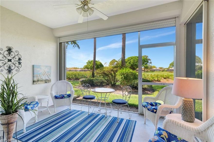 Imagine waking up each morning to peaceful lake views, palm trees swaying, and the fairway just beyond your lanai. This first-floor Barrington model in Highland Woods Golf & Country Club offers the kind of easy, relaxed lifestyle people move to Southwest Florida for. With two bedrooms plus a den, this home lives comfortably and feels instantly welcoming. The real magic happens out back, where western exposure delivers unforgettable sunsets over the lake and the 2nd hole of the golf course, the perfect backdrop for an evening cocktail or quiet moments at the end of the day. Both the front and back lanais feature new picture-frame screens, and the back lanai is equipped with an electric storm shutter for added peace of mind. Inside, plantation shutters bring in soft natural light and add a breezy coastal touch throughout the home. Living in Highland Woods means more than just a beautiful condo, it’s a bundled golf lifestyle with no extra membership fees. Residents enjoy a brand-new resort-style pool and spa, an outdoor cabana bar and restaurant, pickleball, tennis, bocce, and a state-of-the-art fitness center, all in a vibrant, friendly community. The location truly can’t be beat. You’re directly across from The Promenade for shopping, dining, and entertainment, just minutes from Bonita and Barefoot Beaches, and about 15 miles to RSW Airport, making travel easy. Whether you’re looking for a seasonal escape or a full-time home, this condo offers comfort, convenience, and that unmistakable feeling of having found your Piece of Paradise!