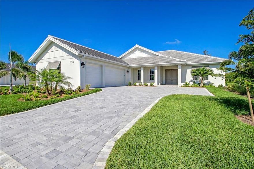 Builders Closeout! Brand new Stock Development home move in ready with Builders Warranty! Very large, private lot with beautiful sunset views.  Lot may be fenced.  Wide open floor plan with island kitchen and natural gas.  Split bedrooms, pool bath, study with glass double doors, extensive covered lanai and a three car garage are just a few features.  Impact glass windows and doors, Upgraded flooring, cabinets and countertops throughout. The master bedroom has a luxuriously large bathroom with two vanities, soaking tub, and two walk in closets.   The entry has a covered porch to enjoy coffee and sunrises.  Floor plan in supplements.  Located in Hidden Harbor an intimate gated boating community of just 76 homes in South Ft. Myers with natural gas.  This home is on the water but with no gulf access, however, there are kayaks available at the clubhouse with a launch dock for canal access to the Estero Bay.  The clubhouse has a large party room, fitness center, outdoor kitchen, pool and firepit.  Photo is representative of front elevation. Floor plan is in supplements.