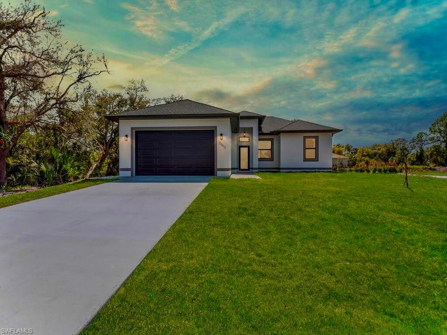 Welcome to this MAGNIFICENT(2026) Built 3/2 nestled away on a quiet DEAD END in the highly desirable SW side just minutes to state road 82, majority amenities & Fort Myers. This grand floor plan with double TRAY ceilings & 8Ft doors spotlights impressive oversized porcelain tile throughout, a welcoming accent breakfast bar with QUARTZ rainfall countertops awarding shaker cabinets with crown molding & appealing backsplash, premium STAINLESS STEEL applainces, attractive FROSTED glass pantry door, and IMPACT windows & doors. This split floor plan also highlights a tiled front & screened back patio, recessed & Pendant lighting, upgraded hardware, WALK-IN closet with organizer, desirable LED mirror with spacious dual vanities, and an enticing frameless glass tiled walk in shower. This property also features cement walkway around garage, HIGH SPEED internet, top end fixtures, entertainment system ready, NOT in a flood zone, and storage cabinet in laundry under air. Schedule your showing today!