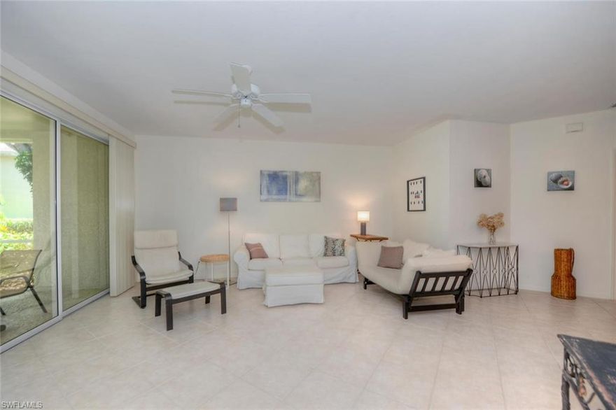 West of I75 off Vanderbilt Beach Rd - Awesome N. Naples location! First floor condo with 9 ft ceilings, no stairs. Perfect for a seasonal getaway, investment property, overflow guests, or a parent or child you would like close by. Fieldstone Village is set within Wilshire Lakes, a gated community that spans 245 acres, features stylish condominiums and single family homes with meticulously manicured Florida landscaping, lakes, biking paths and nature preserves. Amenities include a 24 Hr. guarded gate house, fitness room, heated pool, spa, clubhouse with catering kitchen and lighted tennis courts. The unique courtyard entrance has a private paved porch area. Cozy eat-in kitchen enjoys morning light from the front sliders. Tile on the diagonal in the kitchen, dining and living areas. Two bedrooms with two full baths - Master is en suite with dual sinks, separate tub and shower, guest bed/bath area closes off with a pocket door for privacy. A/C 2012, water heater 2016. Offered furnished. The screened lanai overlooks a naturally landscaped area for a private and relaxing view. Close to beautiful beaches, Mercato and other upscale shopping and restaurants! Agents, please see remarks.