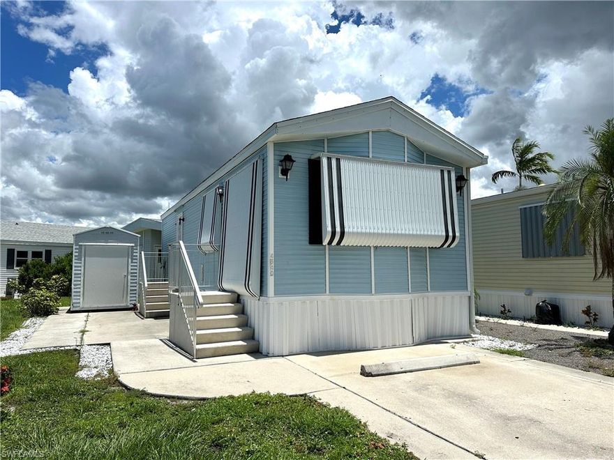 2002 Single wide mobile home located in the land owned Riverwoods Plantation. Roof was replaced in 2022. Outdoor area is very large allowing owners to have space for entertaining or enjoying that first cup of coffee outside in the FL winter sunshine.

Located just a short stroll from the clubhouse and pool, you'll have easy access to all the community amenities. Enjoy a wide range of activities including pickleball, tennis, horseshoes, shuffleboard, water and sand volleyball, and bocce. The social calendar is brimming with events, from dances and craft classes to cooking and line dancing—there’s truly something for everyone!

Residents have opportunity to store boat in the boat storage and access to the boat ramp on the Estero River giving access to Fort Myers Beach and water front restaurants. Riverwoods residents love their water toys and fun at the river front.