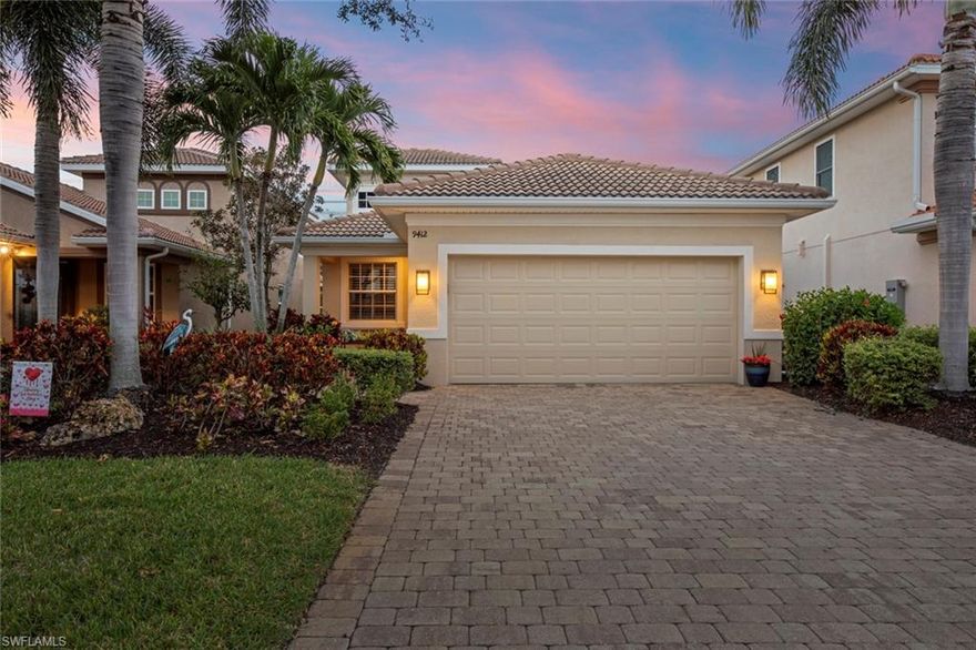 Enjoy captivating water views from this stunning pool home, boasting over 2,000 sf. of pristine living space with 3  bedrooms + Loft/Den, 3 FULL Baths and a list of upgrades! Enjoy tall ceilings, an updated kitchen, new A/C unit and impact doors & windows. Immaculate condition allows new owner to move right in! The thoughtfully designed floor plan features the master suite (finished walk-in closet and ensuite bath) and two guest bedrooms (or a home office) on the first floor, with an additional bedroom and FULL bath upstairs! Ideal set up for guests! Step outside to the extended lanai, where a sparkling pool and tranquil waterfall provide a perfect oasis to entertain or simply unwind. Residents of The Reserve enjoy NATURAL GAS and a host of amenities including Tennis, Pickleball, Fitness Center, Play Area, and a Resort-Style Pool & Spa. Conveniently located between Ft. Myers and Naples, WEST of 75 with quick access to RSW airport, Hertz area, Coconut point Mall, FGCU, Gulf Coast Town Center and only a short drive to the beach! Experience the very best of SWFL living – schedule your viewing of 9412 La Bianco today and make your dream home a reality!