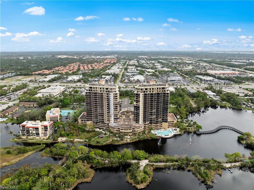 Enjoy elevated waterfront living from this stunning 10th-floor residence at Riva Del Lago. Ideally positioned to capture sweeping views of Lakes Park and the surrounding natural preserve, this light-filled condo offers a rare combination of privacy, tranquility, and convenience. The thoughtfully designed floor plan features 3 bedrooms and 2 bathrooms, with an open-concept living and dining area that flows seamlessly to the expansive screened lanai—perfect for taking in breathtaking sunsets and serene water views. Large sliding glass doors and abundant windows fill the home with natural light, enhancing the spacious feel. The kitchen is well-appointed with granite countertops, ample cabinetry, and a breakfast bar, ideal for both everyday living and entertaining. The primary suite offers direct lanai access, beautiful views, upgraded back lit double glass door closet, and a spacious en-suite bath with dual vanities, soaking tub, and separate shower. Additional highlights include impact-resistant windows and doors, in-unit laundry, and secure under-building parking. Riva Del Lago offers resort-style amenities including a lakeside pool and spa, fitness center, community room, kayak launch, and direct access to Lakes Park. Conveniently located near beaches, shopping, dining, and entertainment, this is an exceptional opportunity to enjoy low-maintenance luxury living in one of Fort Myers’ most desirable communities.