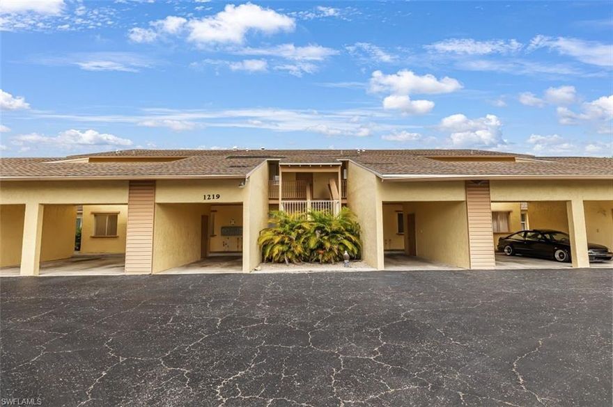 This is a second floor unit in a convenient area of Cape Coral with low HOA. It includes a private covered car port with a personal outdoor storage unit and guest parking. Walk in to your open concept great room and kitchen. There is a wet bar to your right. Enjoy the outdoors from your own private, screened, covered outdoor balcony. Large master bedroom and bath. There is a second bedroom that can also be used as an office, den, or convert to a huge walk in closet of your dreams! New HVAC system which was replaced on 7/8/23. Book your showing today.