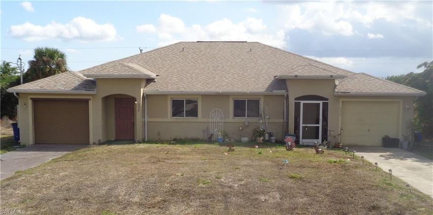 GREAT DUPLEX IN SOUGHT AFTER AREA OF LEHIGH ACRES: Perfect to live in one unit and rent the second unit or for investment as a rental income producing property. This duplex has 6 bedrooms, 4 bathrooms and 2 car garage (3 bedrooms, 2 bathrooms and 1 car garage on each unit). The roof was replaced in 2024. This duplex is fully tiled and offers generous size bedrooms. Both Master bedrooms have double closets and full bathrooms with shower/tub. Each unit offer interior laundry. Kitchens offer plenty of storage space on their respective cabinets. Also, kitchens have large surface counters and are ideal for casual dining. In addition, kitchen offers spacious area for formal dining. Great location; just 2 blocks north of Milwaukee Blvd and 3 blocks east of Alabama Rd, this duplex has easy access to Homestead Rd (to the north) and SR 82 (to the south) for convenient drive to Fort Myers and Cape Coral. Close to Shopping Centers, Schools and Restaurants. A MUST SEE!