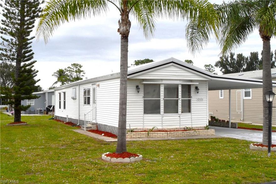 Welcome to Bonita St. James!  Lovely Bonita Springs 55+ co-op community.  Fees ONLY 95.00 per month.  
1064 square feet of living area, 2 bedroom, 2 full baths, extra bonus space, workshop and storage space.  New commodes in both baths, roof resealed and HVAC serviced in 2025.   Needs some updates, but all is functional, and home is priced accordingly.  As Is.  Cash only please.