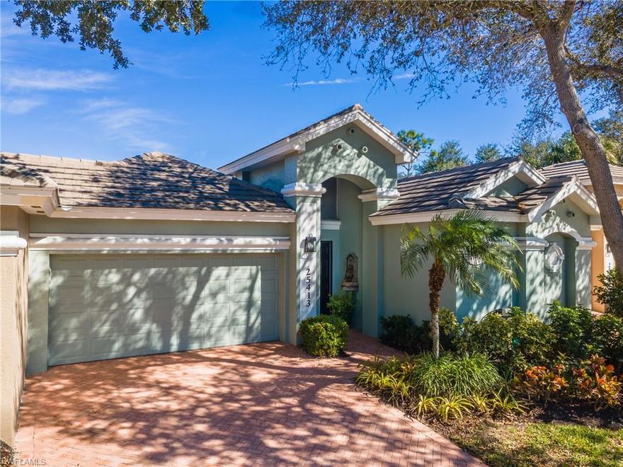 This is the home you have been looking for!  A resort-style courtyard residence blending elegance, comfort, and Florida sunshine. All the convenience of a condo with the feel of a single-family home!

Enter through a private courtyard to a screened pool oasis—perfect for swims, morning laps, or evening entertaining. The home offers nearly 2,000 sq ft with three bedrooms and three baths, including a detached guest cabana with a bedroom, full bath, and kitchenette, ideal for visitors, a home office, or studio.

The open great room features soaring ceilings, abundant natural light, and water-and-fountain views. The kitchen is well-appointed with an electric cooktop, microwave, dishwasher, and reverse-osmosis system, complemented by a breakfast bar and two formal dining areas. Tile floors throughout provide a clean, low-maintenance finish. A third dining area on the screened lanai overlooks the pond and fountain  After dinner, relax on the couch and living area on the lanai with southwest exposure for fabulous sunsets!

The primary suite is a true retreat with dual vanities, a soaking tub, walk-in shower.  This home has a split-bedroom layout for added privacy for each of the 3 bedrooms with their private baths and showers. 

Additional amenities include a two-car attached garage, pre-wired cable and internet, zoned stereo system to enjoy your favorite tunes inside and/or outside on the lanai or by the pool, a large-screen TV with surround sound in the living room, and a custom-built entertainment center with an electric fireplace. Each room has a large screen TV which really makes you feel like you are living on vacation!  Visit website for more information and photos of this incredible neighborhood and amenities at https://pelicanlanding.com/amenities.

The home is offered turnkey — move in with ease. Everything you need is already here! 

Community features include a private island with boat shuttle, staffed fitness center, tennis and pickleball courts with pros, bocce, kayaking parks, Sailboats with complimentary instruction and regattas, a butterfly garden, biking paths, and 24-hour gated security. The community is very pet friendly with bag stations along the walking paths for your convenience.

25413 Alicante Drive is more than a house — it’s a lifestyle. Schedule a tour to see it for yourself!