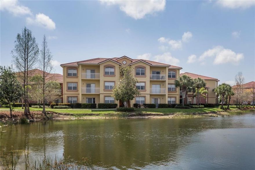 Beautiful top floor 2 master suites furnished unit in the Gardens at Beachwalk located less than 5 miles to Ft Myers Beach and Sanibel Island. Enjoy the beach during the day and a short ride home to resort style living at the community pool. The community has a vacation like atmosphere with resort style pool, spa and clubhouse with many amenities: fitness center, club house, billiard, air hockey, library, barbeque area. Enjoy lake and water fountains from your balcony, the best view in the community. This condo comes turnkey with an open floor plan, walk in closets in both bedrooms and a laundry room. Newer paint throughout and 9' ceilings. Additionally a storage room on the ground floor!!!Walk to shopping and restaurants, short drive to more shops, library and health care. Location, Location, Location make it your vacation Hideaway.