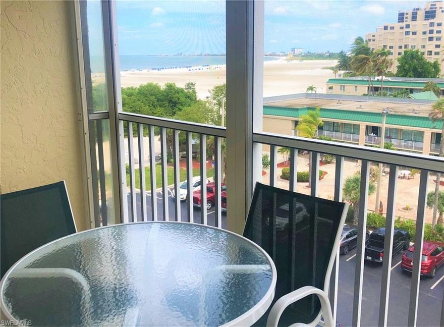 SAND CAPER "Turnkey Condo" Bright and Airy 5th Floor Corner Unit featuring 2 bedrooms and 2 full baths located on the Beach Side of Estero Blvd. Convenient to Shopping and Restaurants just across the street. Beautiful view of the Beach and Gulf from your lanai and master bedroom. Impact windows and sliders for peace of mind and Roll Down Shutters for your lanai. Recently renovated Pool area and pool/beach baths. Covered carport parking space. Great retreat for you....or you can rent your condo for a  minimum of 2 weeks at a time for added income when you are not using your piece of Paradise. Located on the quieter South Side of the Island with less traffic. Walk to the Beach, hang out at the pool, or have a BBQ on the communities patio. Nicely furnished condo and was a family snowbird condo and not rented. Stacked Washer and Dryer in residence... Don't miss this opportunity for you and your family to have an affordable condo on the Beach.