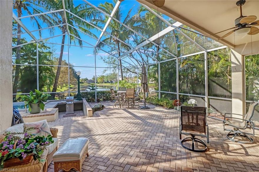 Enjoy incredible sunsets from this spectacular waterfront home offering deep lake views from its premier homesite. From the moment you enter this home, you'll be drawn to the oversized outdoor lanai featuring covered and uncovered living space equipped with a sunken barbecue pit and in-ground spa.  Inside the home is just as impressive. As you enter through the double front door entry, you will appreciate every detail of the house, including tile floors throughout the main living and den, accordion hurricane shutters, central vac, and upgraded window treatments, including plantation shutters and Hunter Douglas vertiglides. In addition, the home has tons of storage space in the upgraded laundry area and kitchen. Other notable upgrades are the replaced HVAC System (2018), Water Heater (2018), and BRAND NEW ROOF IN 2021! This home also features a 4-foot garage extension. The amenity center just underwent a complete renovation. Spearheaded by a full-time activities director you'll find an indoor/outdoor swimming pool, renovated fitness center with all-new equipment, billiards rooms, multiple card rooms, a craft room, a thriving pickleball, and tennis program, and more!