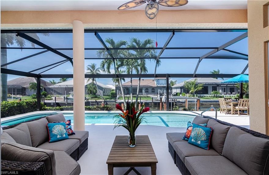 Enjoy a sun-drenched island vacation at Waterleaf Court, a contemporary coastal waterfront home with desirable southwestern exposure! The spacious lanai is enclosed with a new picture window screen cage that enhances the water views from the large heated saltwater swimming pool and covered outdoor living area. Southwestern exposure sets you up for enjoying long afternoons in the sun and beautiful sunset skies each evening. The screened lanai is furnished with comfortable outdoor sofas, a dining table and chaise lounges and you?ll find additional space for sunning and enjoying the gulf breezes down on the oversized dock. Inside, you are welcomed from the front door into the living room with pocketing slider doors that showcase the "wow" factor view! The open floor plan flows into the finely appointed granite kitchen with breakfast bar and the dining area, again offering a picture window view out to the water. Three bedrooms plus a den and two full baths are set up to provide comfort in paradise. The master bedroom has a king size bed, plush designer carpeting, cable TV and an en suite bathroom with shower, separate tub, and dual vanities. The split floor plan places the guest bedrooms on the opposite side of the house with a shared bathroom between them. Your guests will be delighted by the water views from the queen guest bedroom. The third bedroom has a twin over full size bunk bed and both guest bedrooms have been finished with hard wood style flooring for a contemporary beach look and easy cleaning. The den, located off the main living room is equipped for versatility with a desk, flat screen TV and a sleeper sofa - use it as a fourth bedroom, private workspace, or TV room depending on the needs of your group. Max occupancy is listed at 8 people, but for groups with children there may be flexibility to 9 total people. Waterleaf has been thoughtfully equipped with all the modern amenities you?ll expect including high speed WiFi, cable TV, charging stations, Xbox gaming system, a Smart TV in the living room and premium white linens and towels.