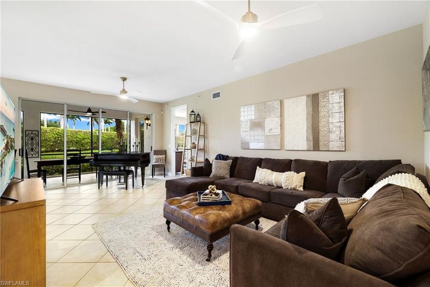 Immerse yourself in resort-style living with this immaculate 2-bedroom, 2-bath condo, complemented by a versatile den that can serve as an office, media room, or guest retreat. This home showcases a charming carriage-style design and a thoughtful layout that balances comfort and functionality. The interior features an open-concept kitchen with a breakfast bar, pantry, and eat-in dining area, flowing seamlessly into the living space. Sliding doors open to a private screened lanai, where tranquil lake and fountain views create the perfect backdrop for relaxing mornings or evenings. Additional highlights include walk-in closets, interior laundry with washer, dryer, and tub, as well as cable-ready connections and a mix of tile and carpet flooring for comfort and durability. Outside, the property is situated on a low-maintenance lot with a serene lakeside setting. A rare find, the condo also includes an attached 2-car garage, offering convenience and extra storage space. Located within the prestigious Miromar Lakes Beach & Golf Club, residents enjoy world-class amenities including over 700 acres of freshwater lakes, three miles of white sandy beaches, a Caribbean-inspired beach grill, an award-winning clubhouse, a full-service spa, and a championship golf course. Additional recreation includes Har-Tru tennis courts, basketball, volleyball, and bocce, all just steps from your door. This exceptional residence offers the perfect blend of comfort, sophistication, and lifestyle in one of Southwest Florida’s most sought-after communities.